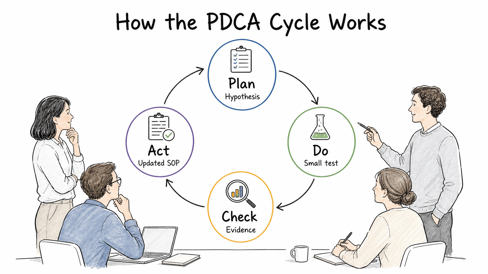 PDCA turns improvement into a loop: Plan defines the hypothesis, Do tests the change, Check reviews evidence, and Act updates the SOP.