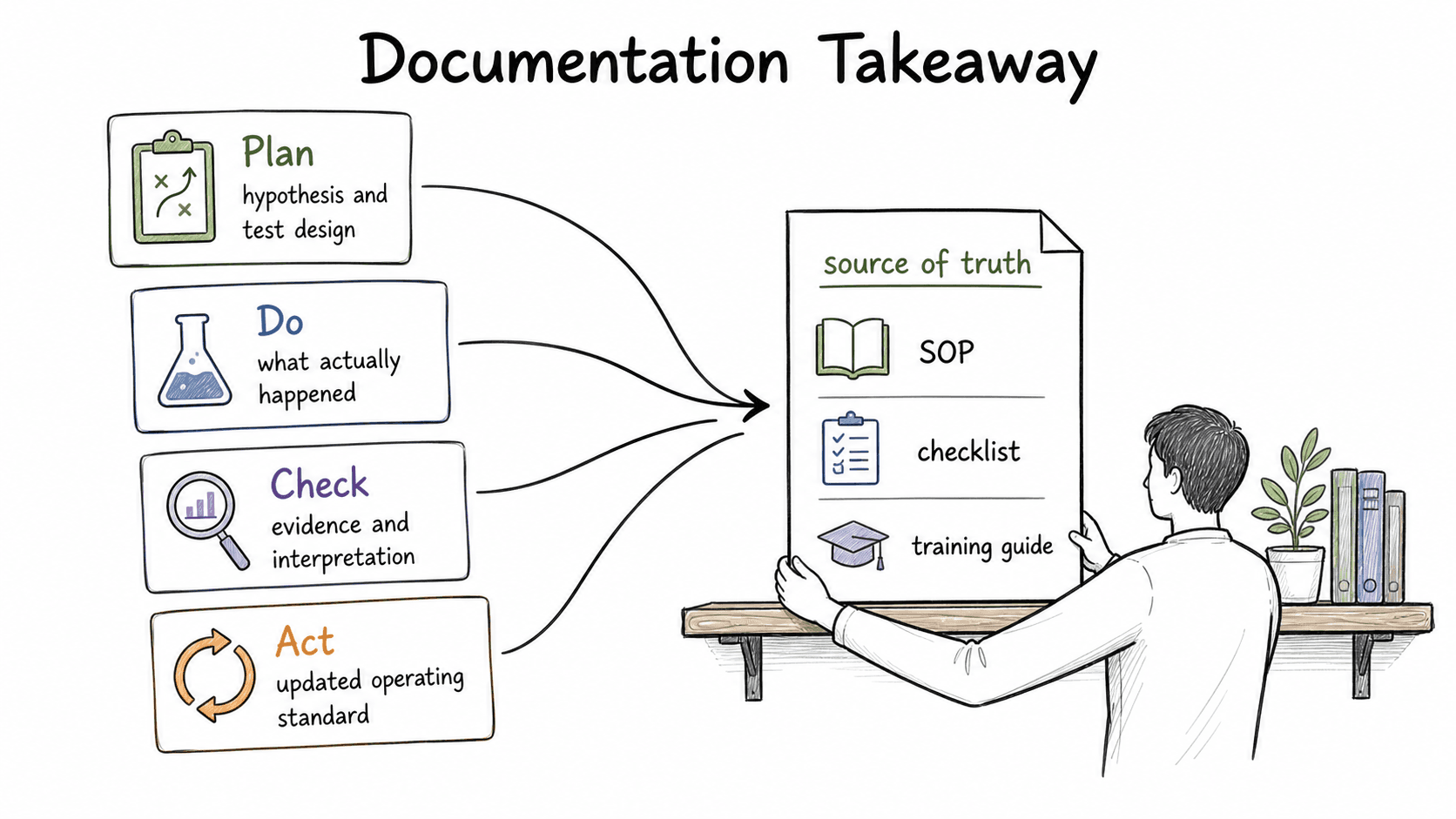 PDCA creates learning; documentation makes that learning durable by turning the result into the source of truth.