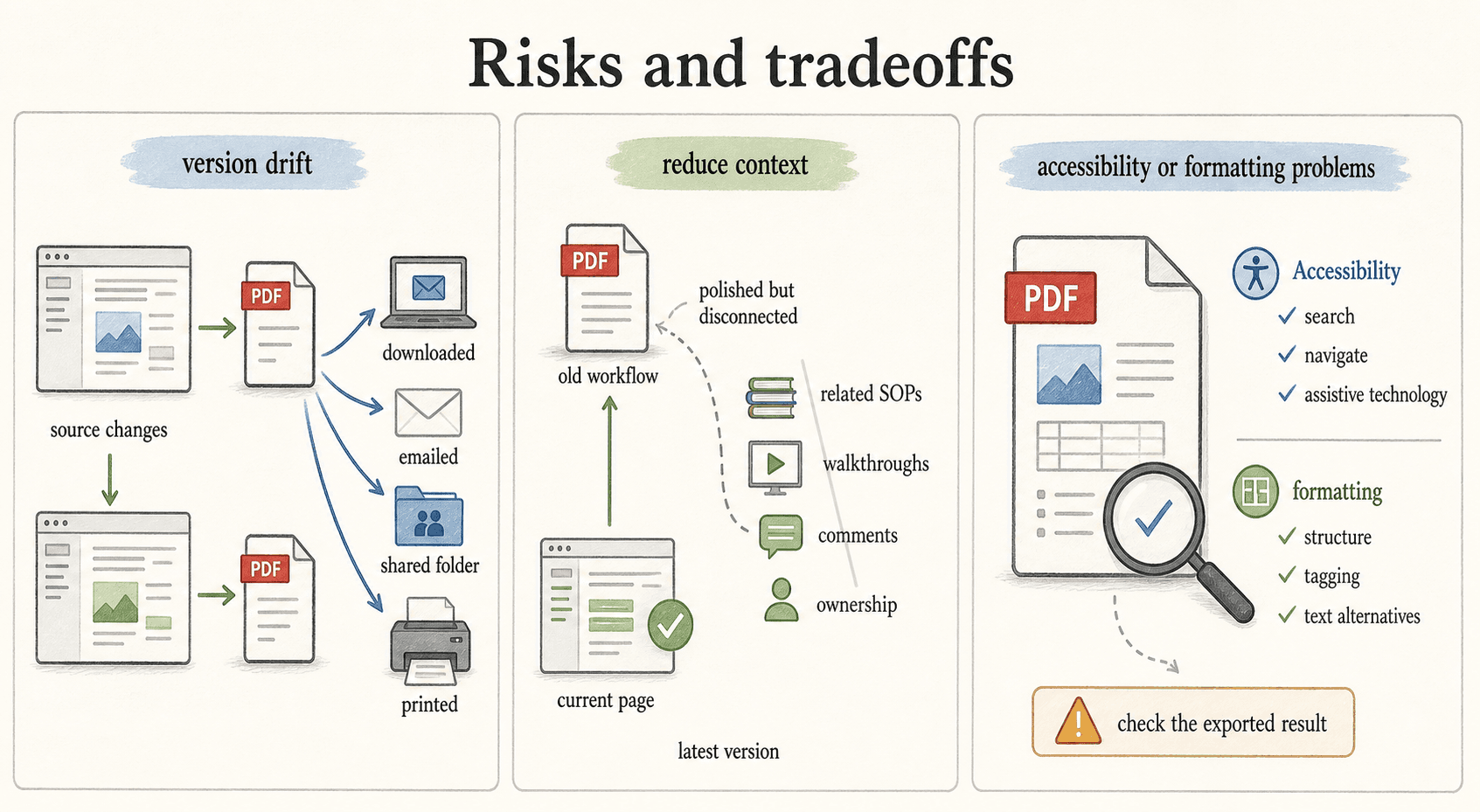 PDF exports can drift from the source, lose workflow context, and require checks for formatting and accessibility.