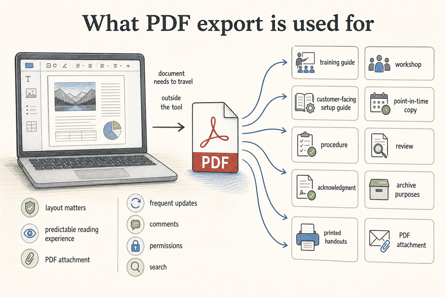 PDF export turns a source document into a stable file for sharing, printing, review, acknowledgment, or archiving.