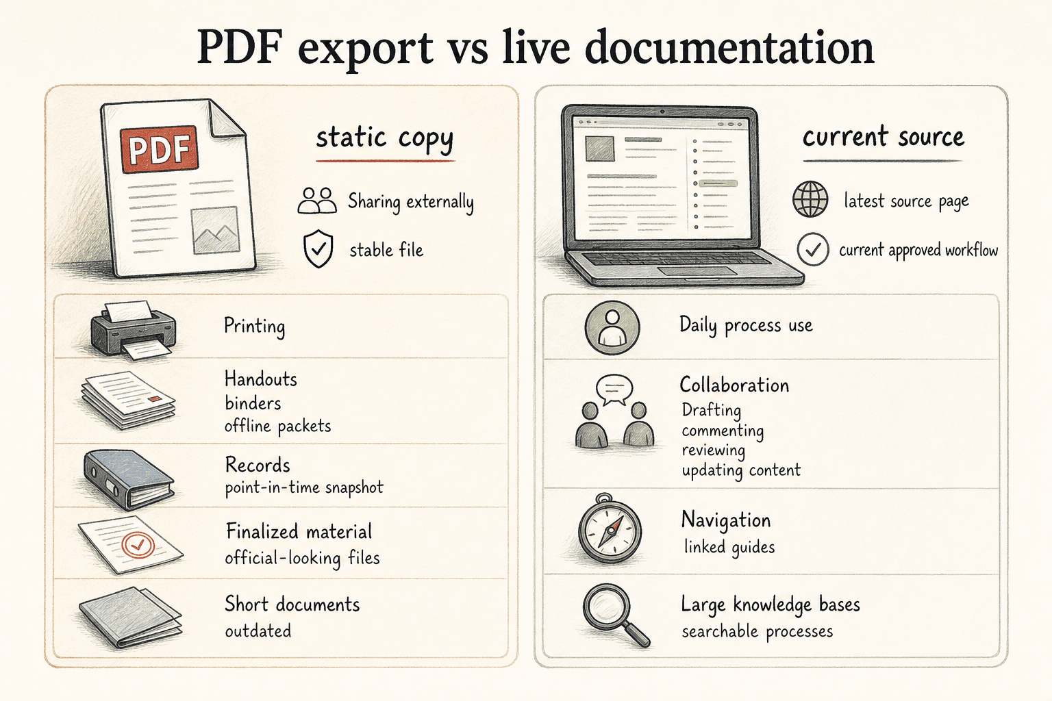 Use PDF export when readers need a static copy; use live documentation when they need the current source.