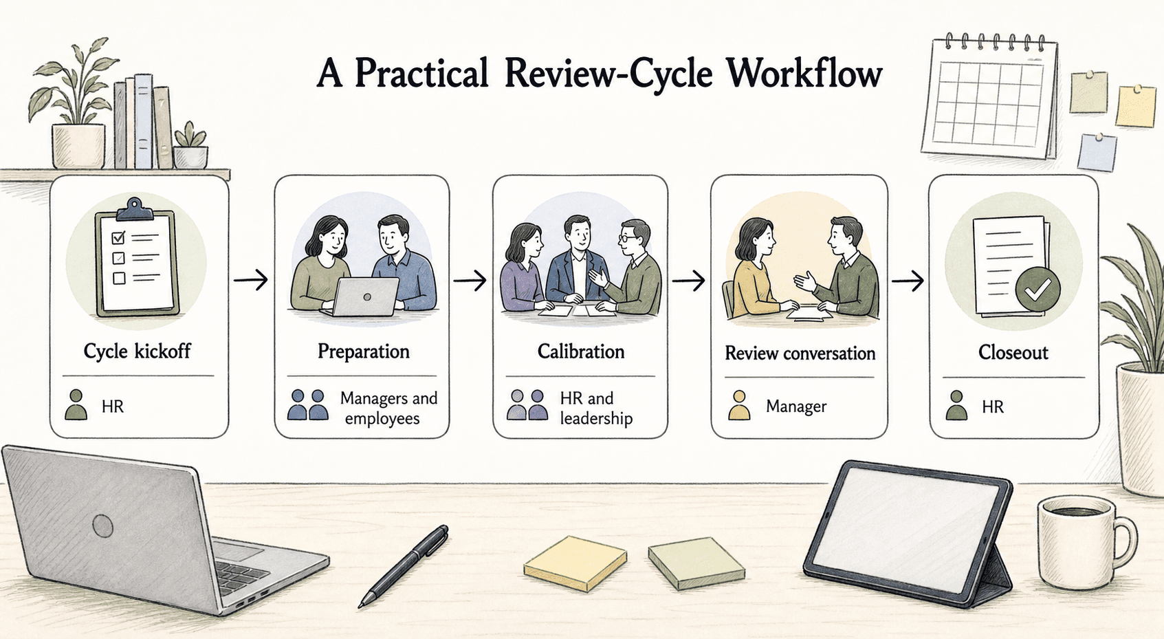 A clear SOP turns the review cycle into owned handoffs from cycle kickoff through preparation, calibration, review conversations, and closeout.