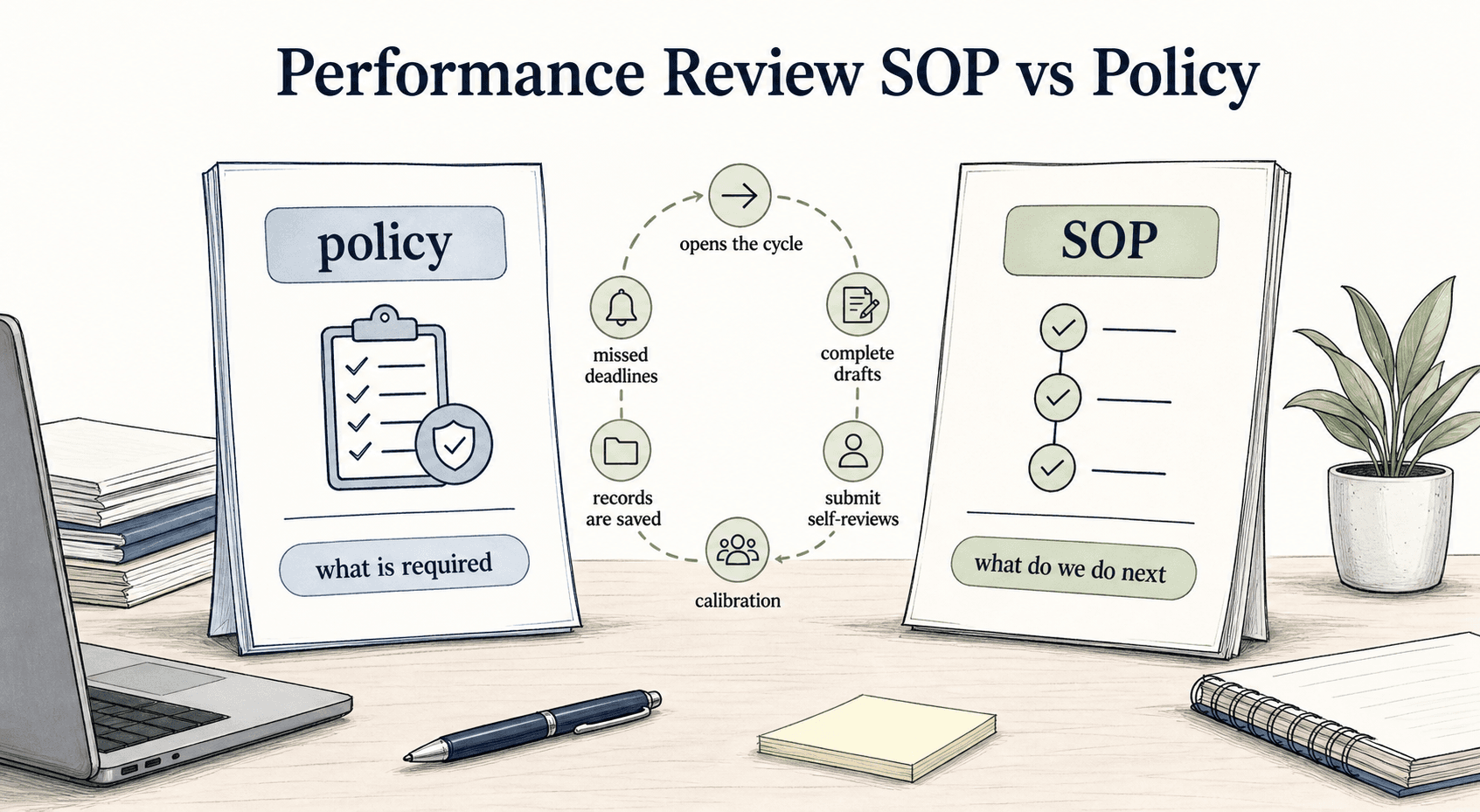 The policy explains what is required; the SOP explains what HR, managers, employees, and leaders do next during the review cycle.