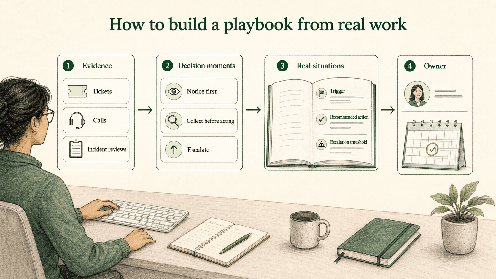 Strong playbooks come from real evidence: tickets, calls, reviews, decision moments, and clear ownership.