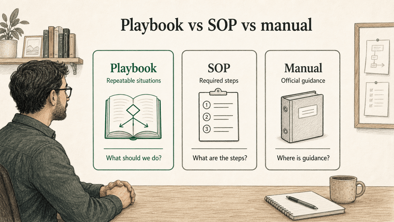 Playbooks guide judgment in repeatable situations, SOPs define required steps, and manuals collect official guidance.