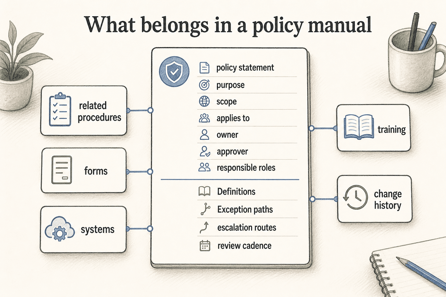 A useful policy manual explains the policy, scope, ownership, exceptions, review cadence, and links to related procedures.