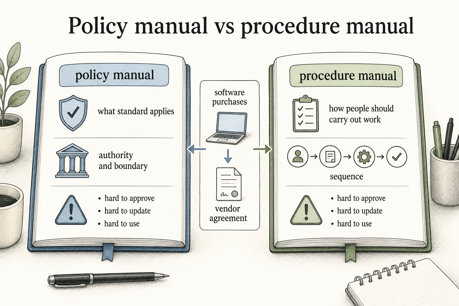 A policy manual defines the standard and boundary, while a procedure manual explains the sequence for carrying out the work.
