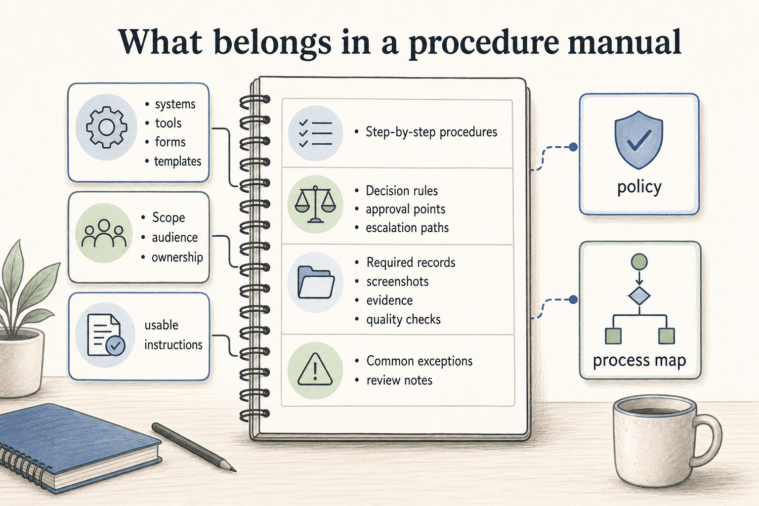 A useful manual includes the steps, tools, decisions, evidence, exceptions, and links people need to complete the work.