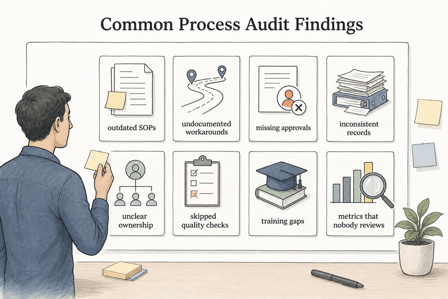 Common findings include outdated SOPs, undocumented workarounds, missing approvals, inconsistent records, unclear ownership, skipped quality checks, training gaps, and ignored metrics.