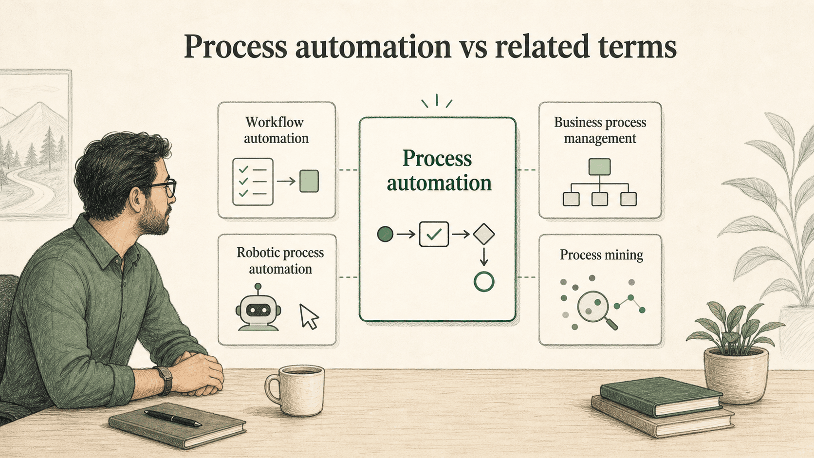 Process automation focuses on automating steps across a defined business process, while related terms describe task movement, governance, bots, or process discovery.