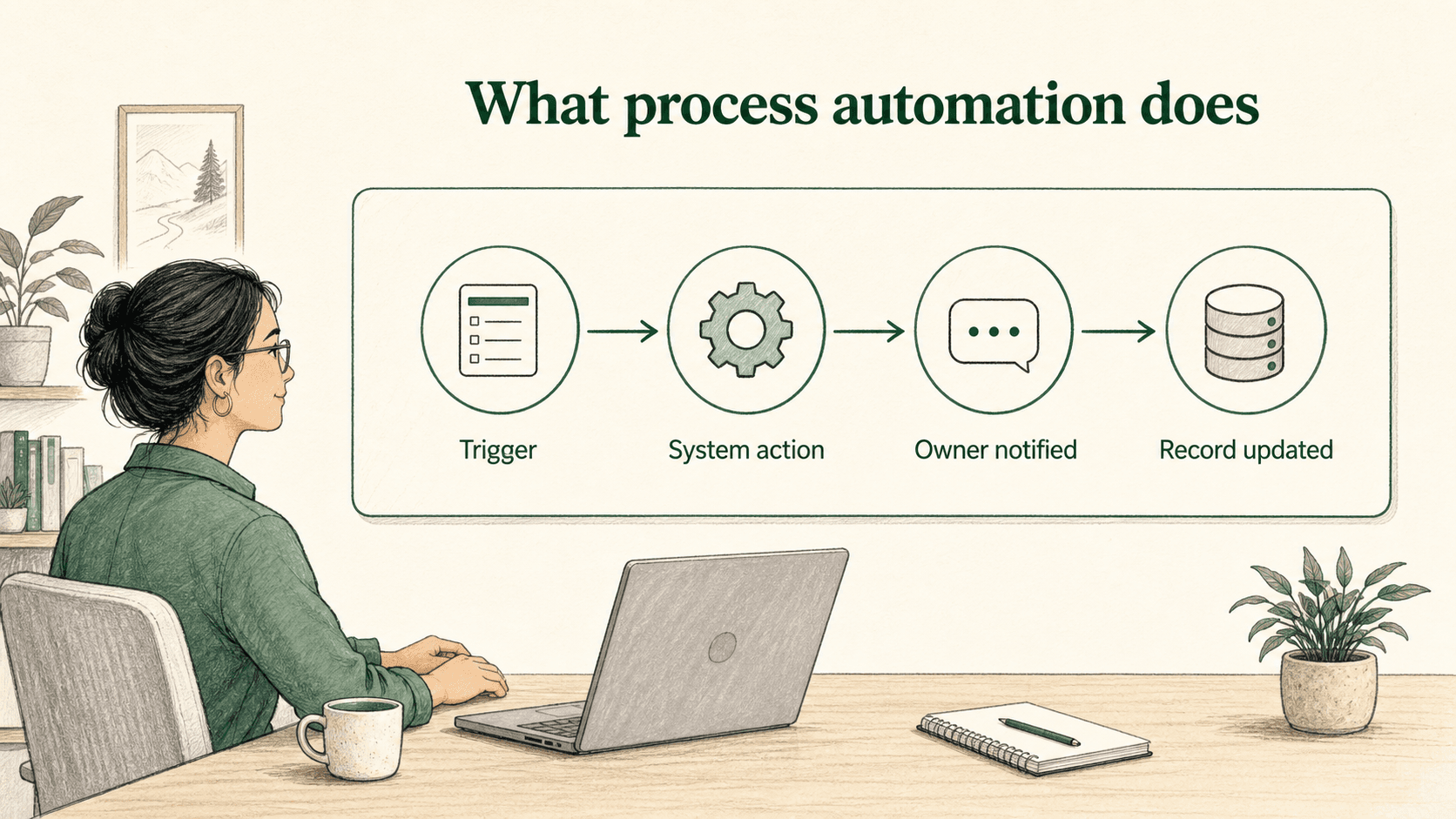 Process automation turns clear triggers and rules into predictable system actions, so work moves forward without manual follow-up.