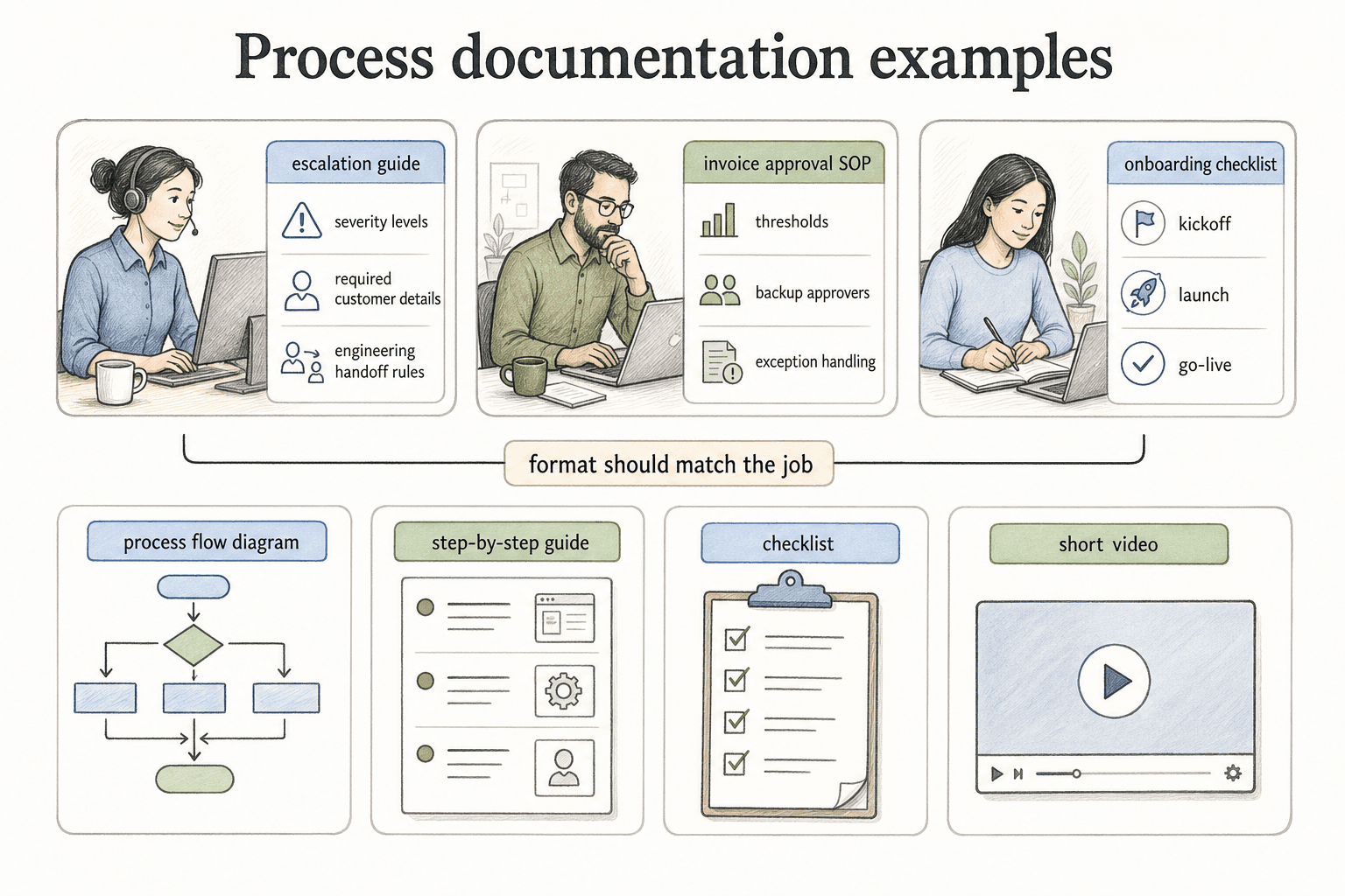 Process documentation formats include SOPs, checklists, process maps, guides, and reference cards.