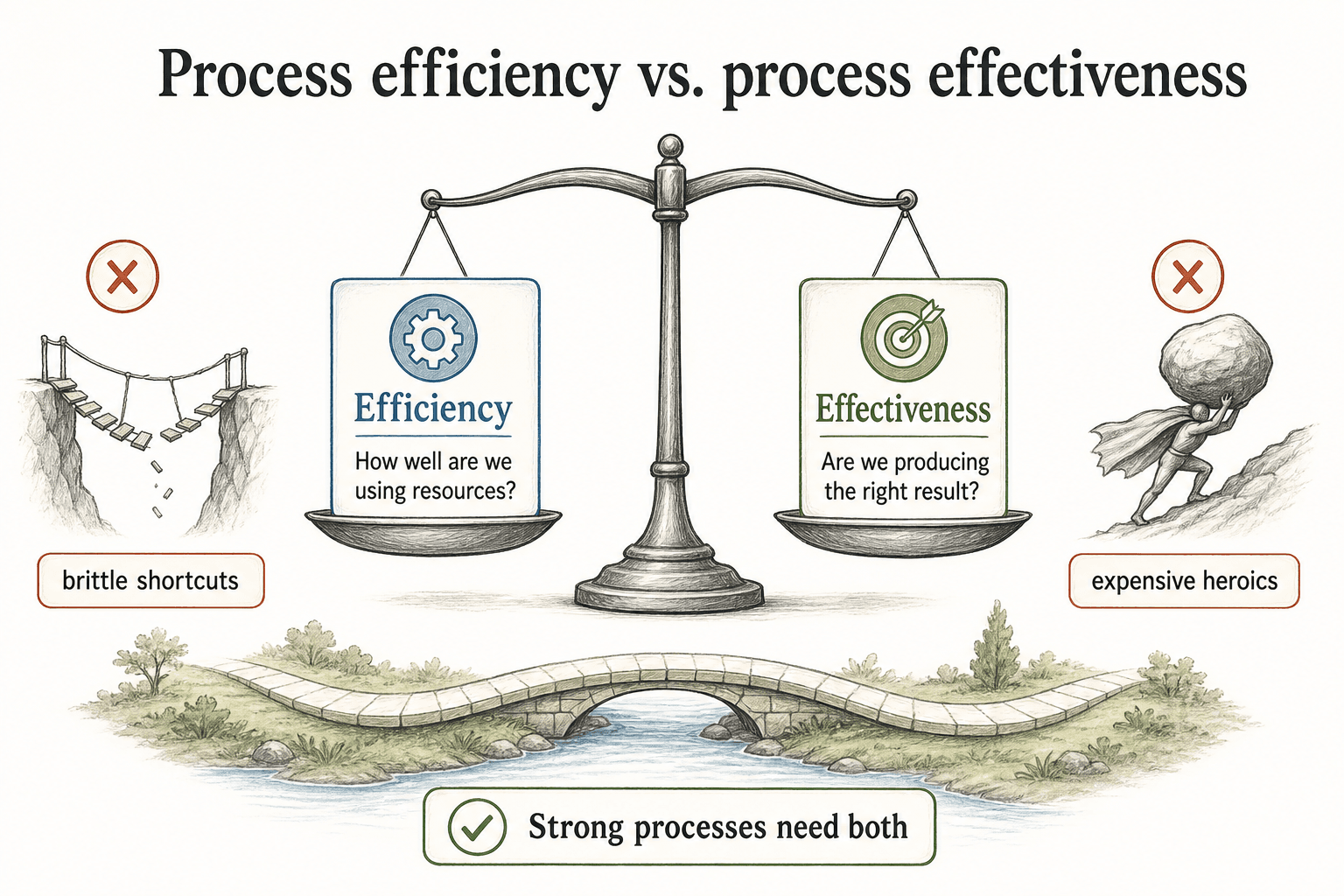 Efficiency asks how well resources are used while effectiveness asks whether the process produces the right result.
