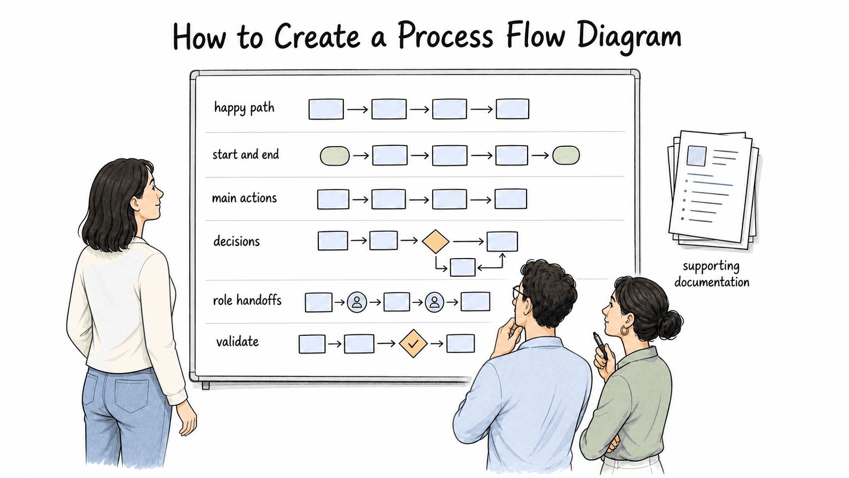 Start with the happy path, then add decisions, handoffs, validation, and supporting documentation.