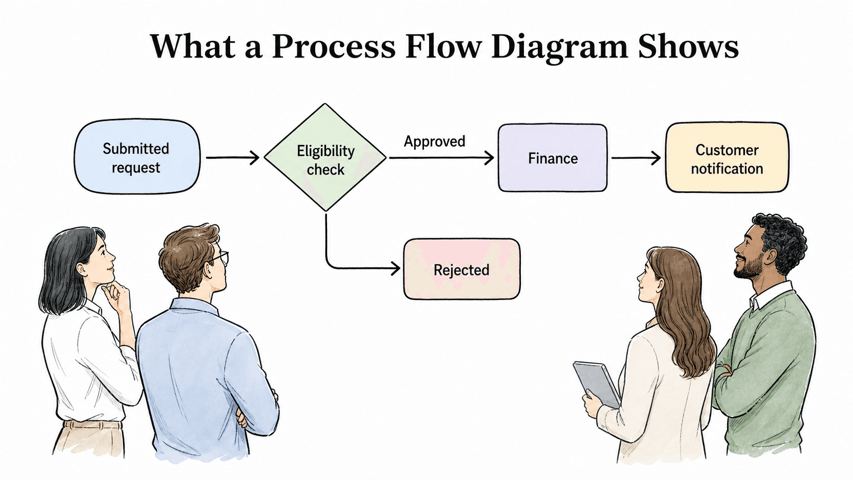 A process flow diagram shows the route work follows, including decisions, handoffs, and outcomes.