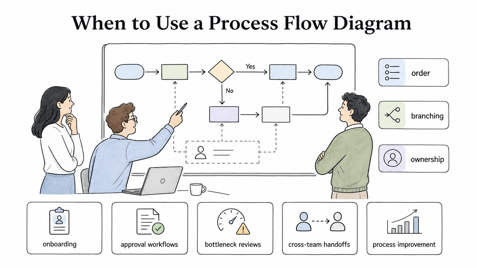Use a process flow diagram when people keep misunderstanding order, branching, or ownership.
