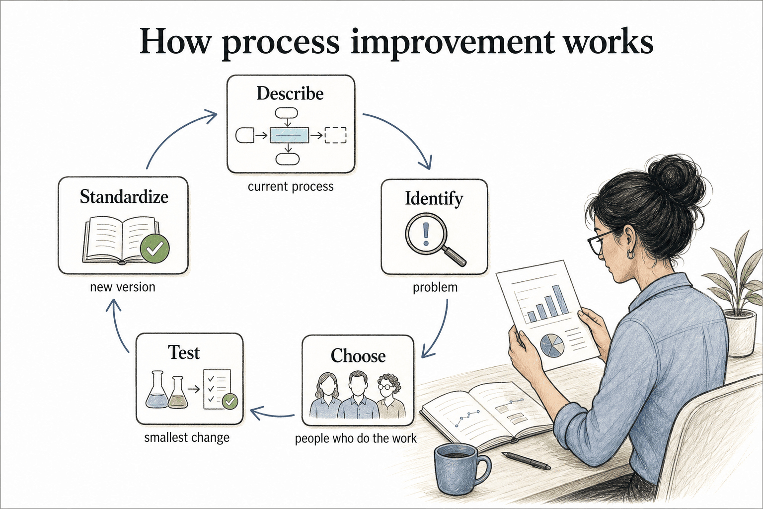 A practical cycle describes the current process, identifies the problem, chooses the smallest useful change, tests it with the people doing the work, and standardizes the new version.