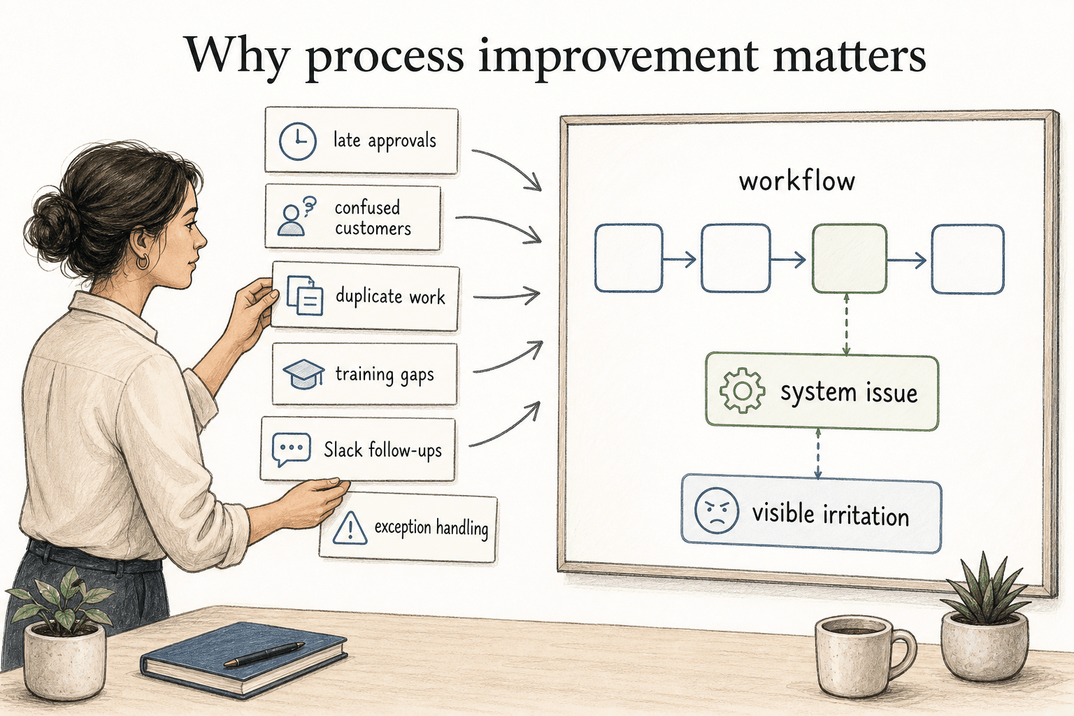 Process improvement turns symptoms like late approvals, duplicate work, and training gaps into a sharper question about the workflow issue causing them.