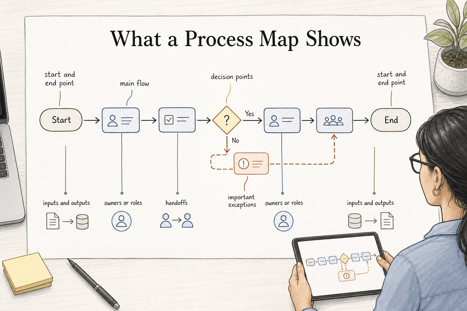 A process map shows the start and end point, main flow, decision points, owners or roles, handoffs, inputs and outputs, and important exceptions in one shared view.