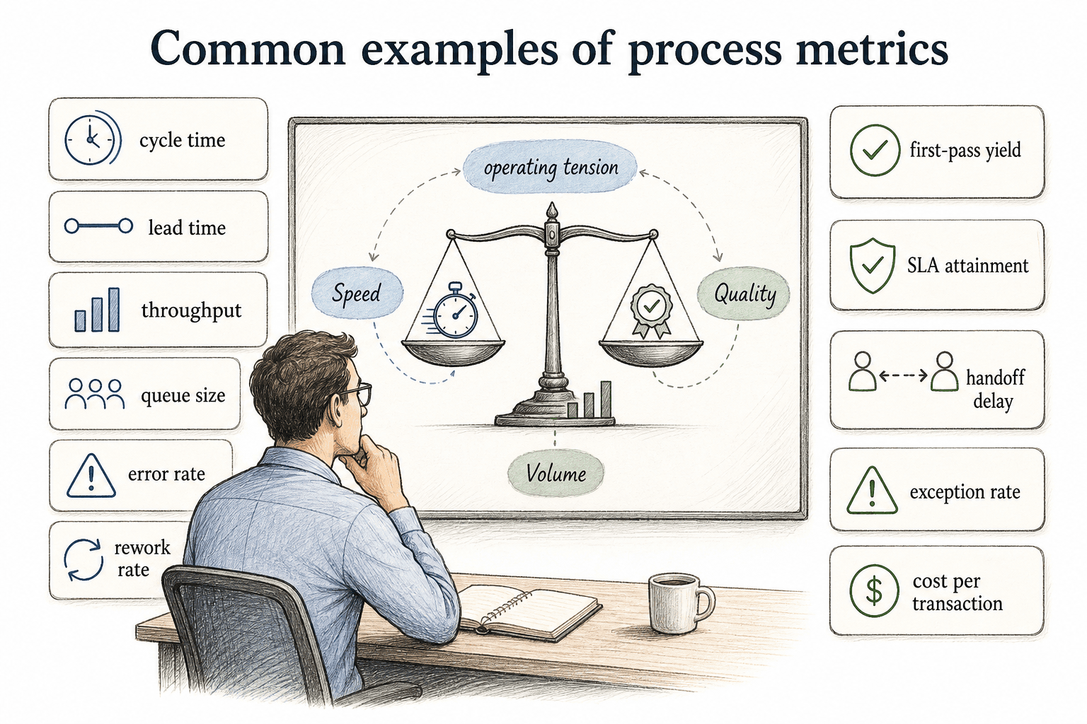 Common process metrics include cycle time, lead time, throughput, queue size, error rate, rework rate, and SLA attainment.