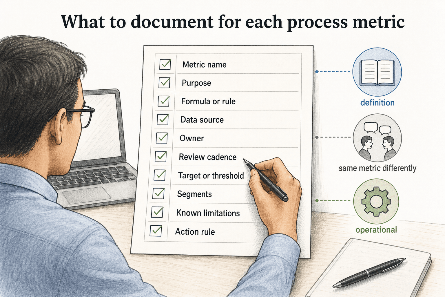 Document the metric name, purpose, formula or rule, data source, owner, review cadence, target or threshold, segments, limitations, and action rule.