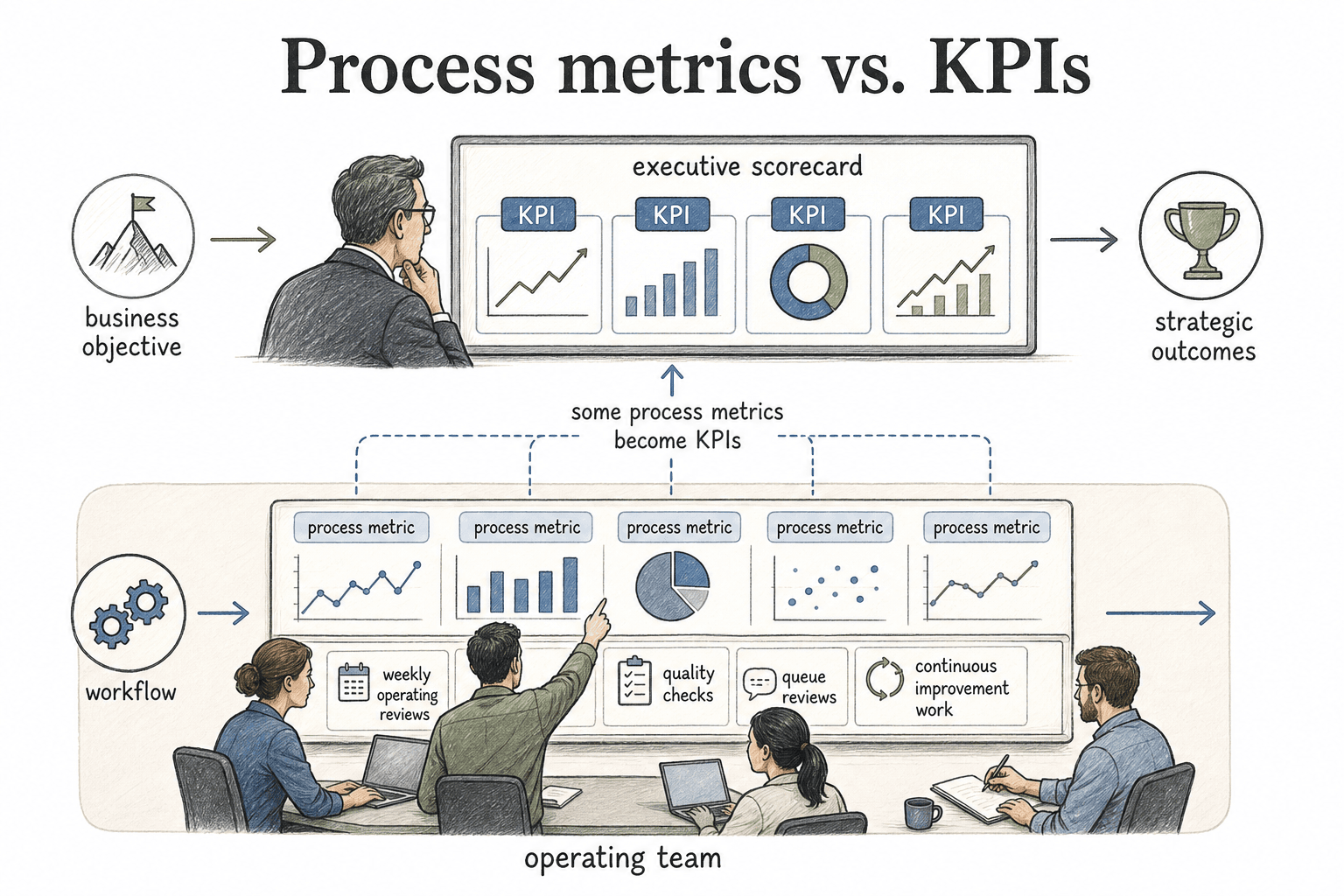 A process metric measures part of a workflow; a KPI measures progress against a business objective.