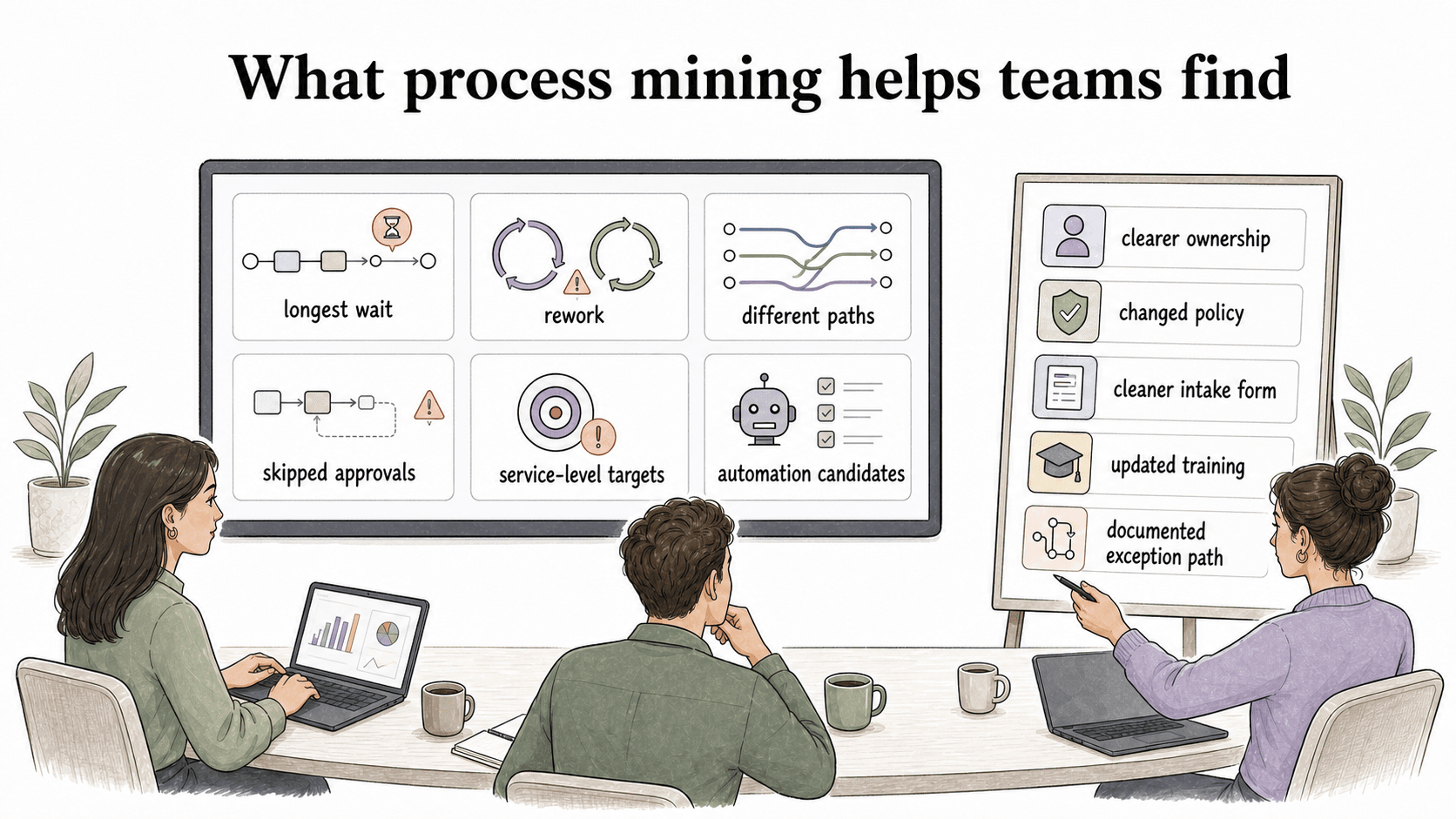 Process mining helps teams find waits, rework, different paths, skipped approvals, missed targets, and automation candidates while pointing to practical fixes.