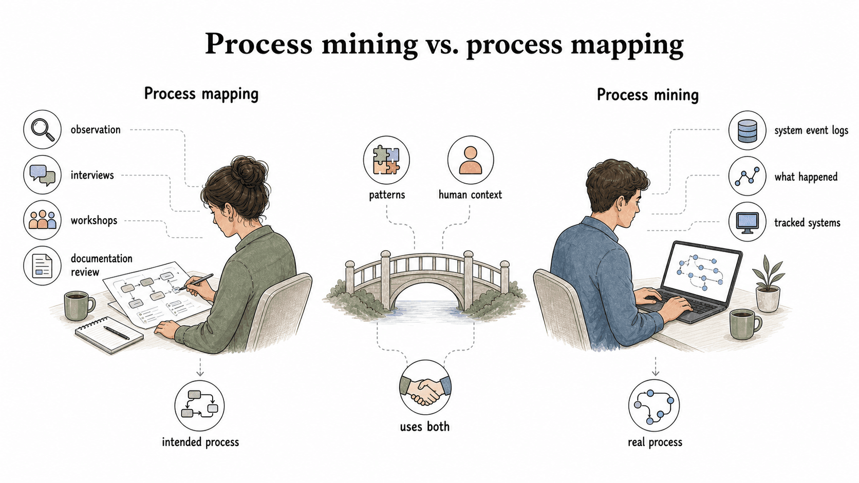 Process mining uses system event logs to show what happened, while process mapping explains human context through observation, interviews, workshops, and documentation review.