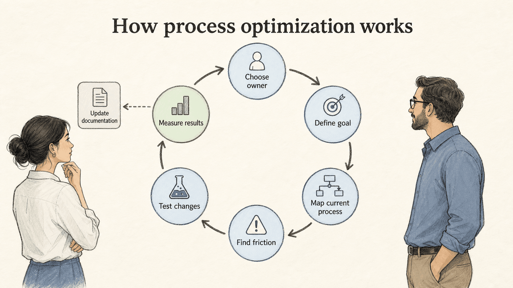 A practical optimization loop moves from ownership and goals to mapping, testing, documentation, and measured results.