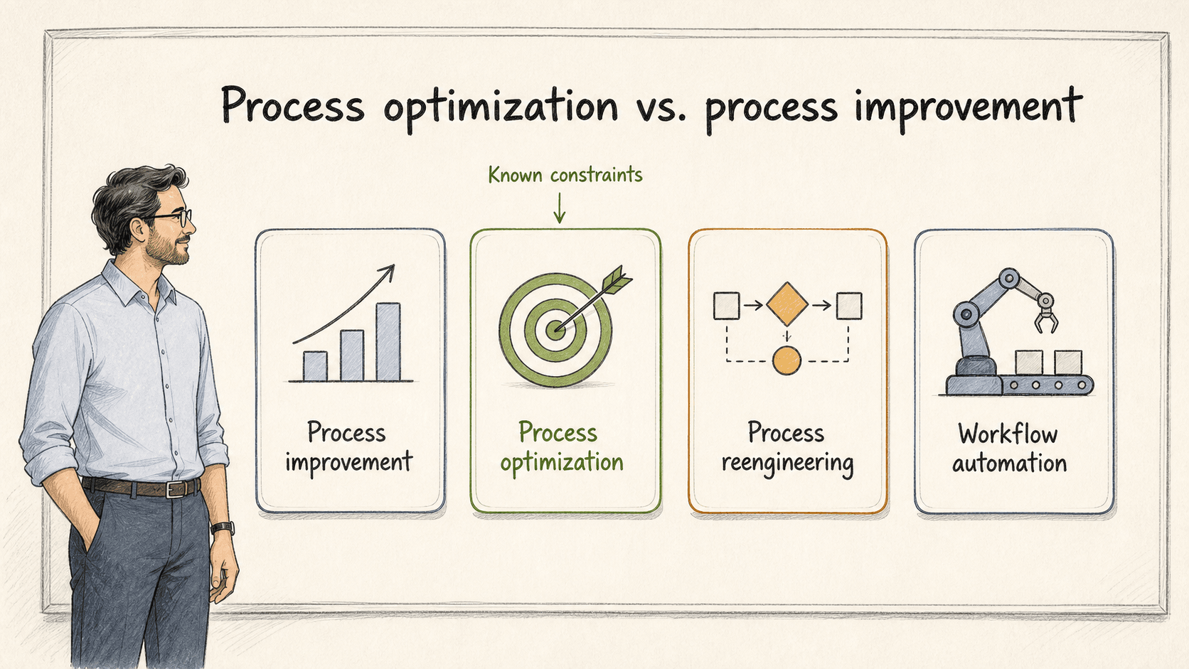 Optimization is more targeted than broad improvement, less radical than reengineering, and should come before automation.