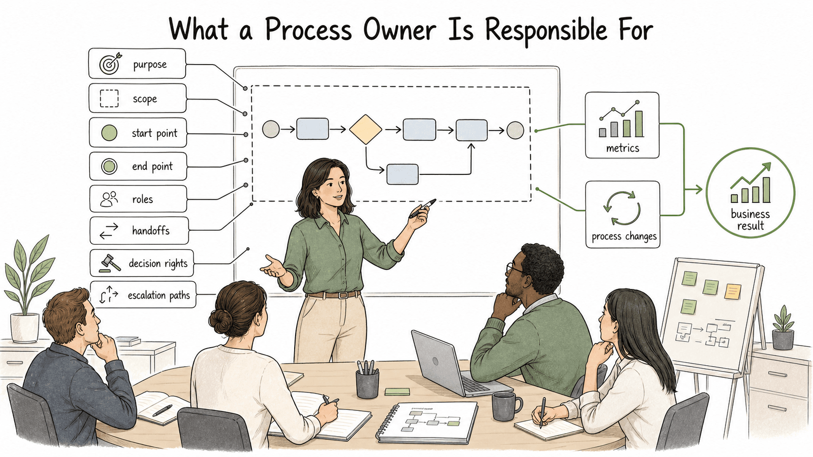 A process owner defines the process boundaries, clarifies roles and handoffs, reviews metrics, and sponsors changes that improve the business result.