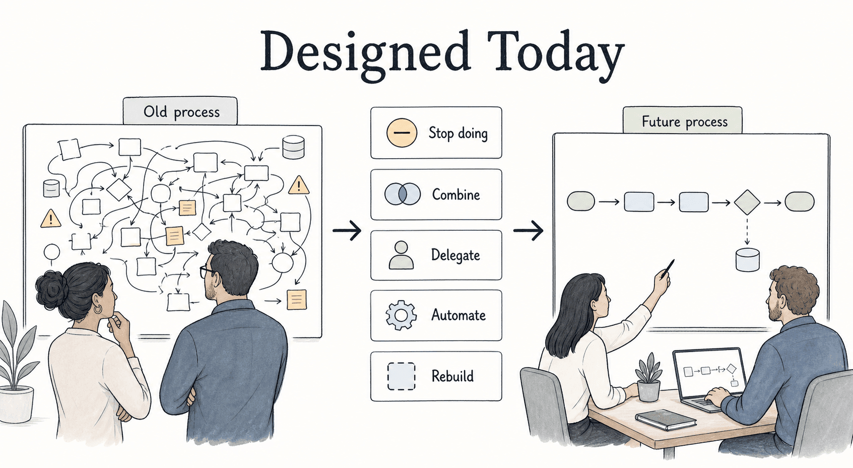 Process reengineering asks what the team would stop, combine, delegate, automate, or rebuild if the process were designed today.