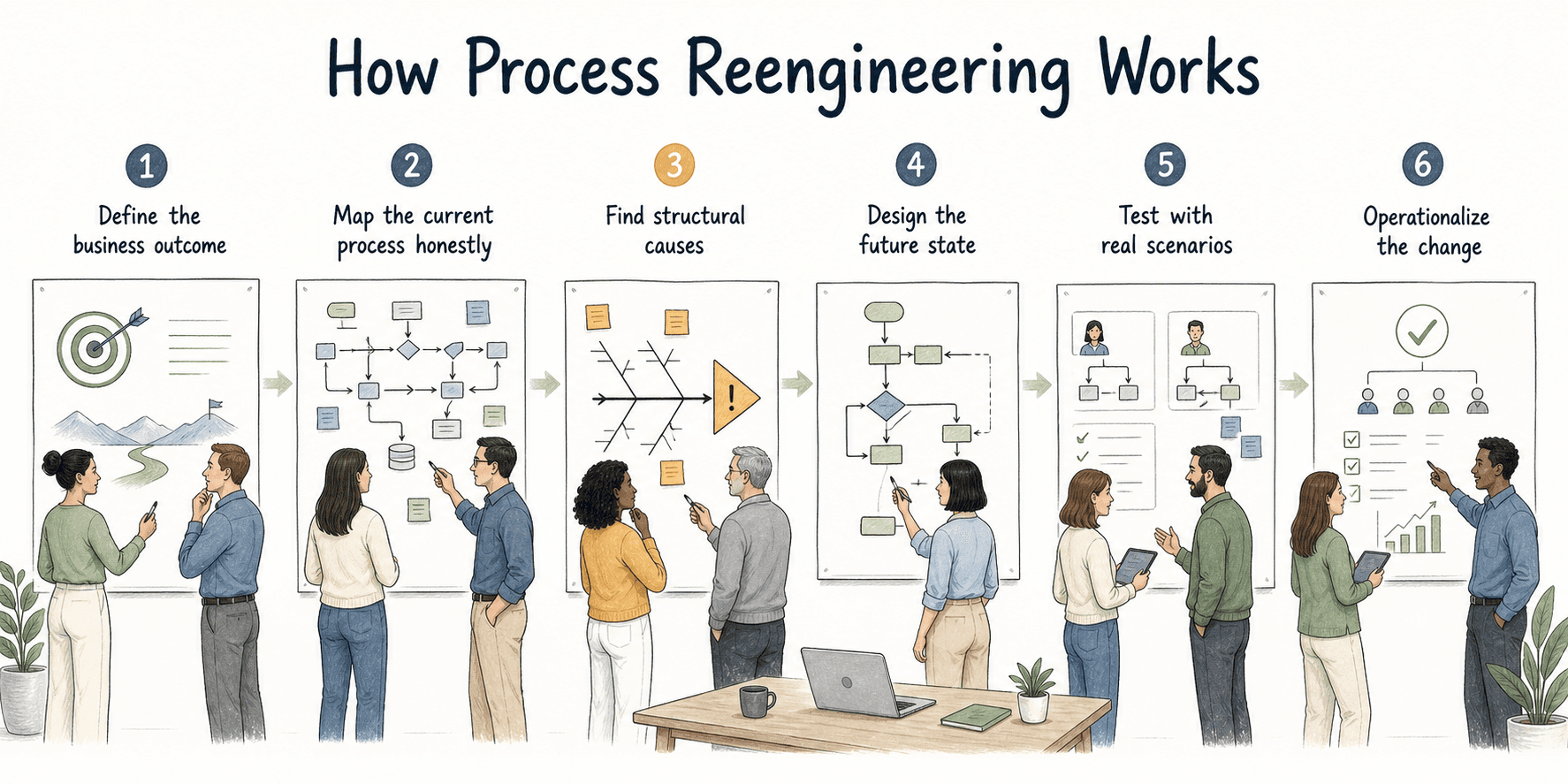 Process reengineering moves from business outcome to current-state mapping, structural causes, future-state design, real-scenario testing, and operational rollout.