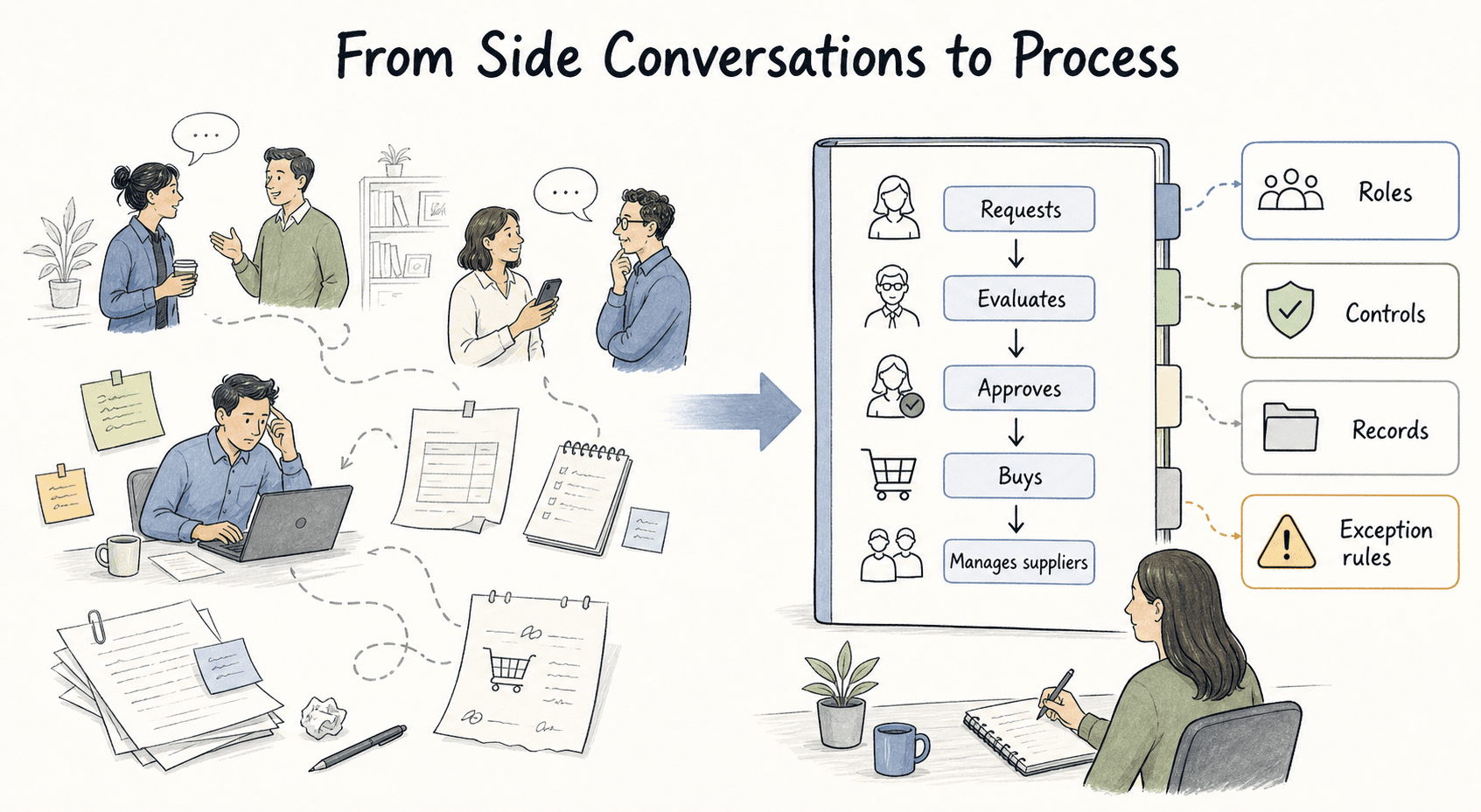 A procurement SOP turns side conversations into a repeatable process for requests, evaluation, approval, buying, and supplier management.
