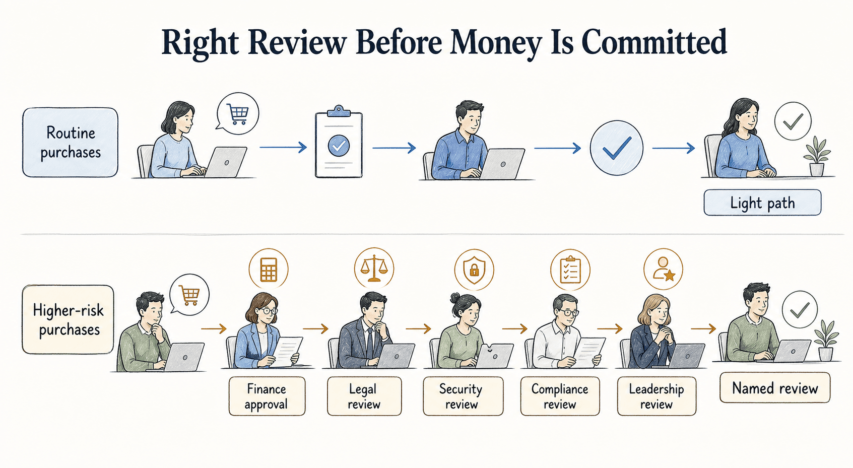 Good procurement SOPs create lanes: routine purchases move quickly, while higher-risk purchases get the right review before money is committed.