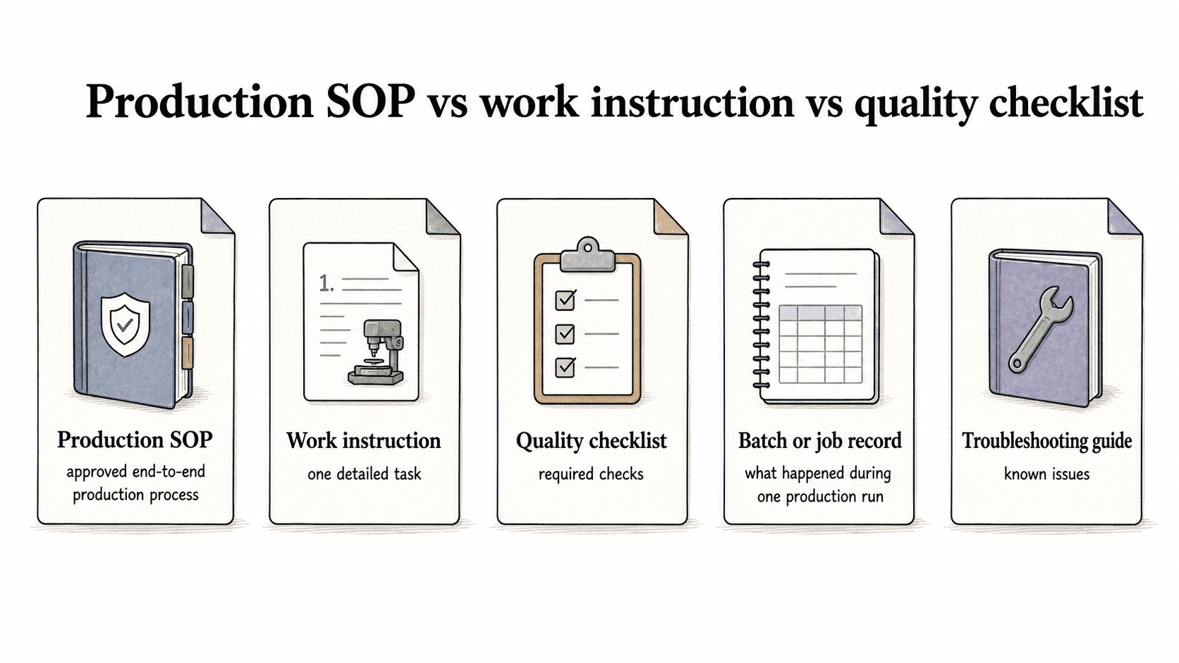 Production documentation works best as a small system: the SOP defines the end-to-end process, while instructions, checklists, records, and troubleshooting guides support specific moments.
