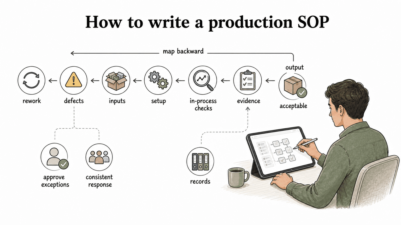 Start with the accepted output, then map backward through evidence, checks, setup, inputs, defects, rework, exceptions, and records.
