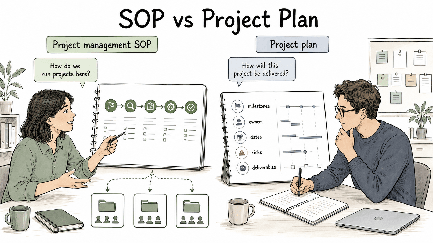 The SOP defines how projects run; the project plan defines how one project will be delivered.