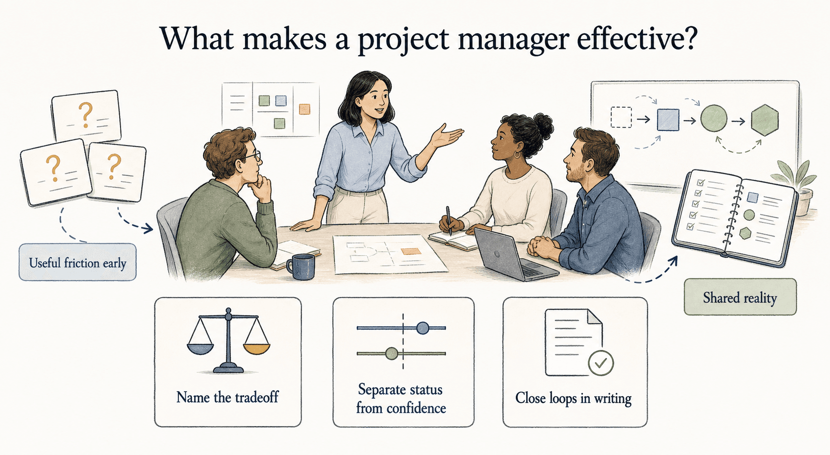 Effective project managers name tradeoffs, track uncertainty, and close loops in writing.
