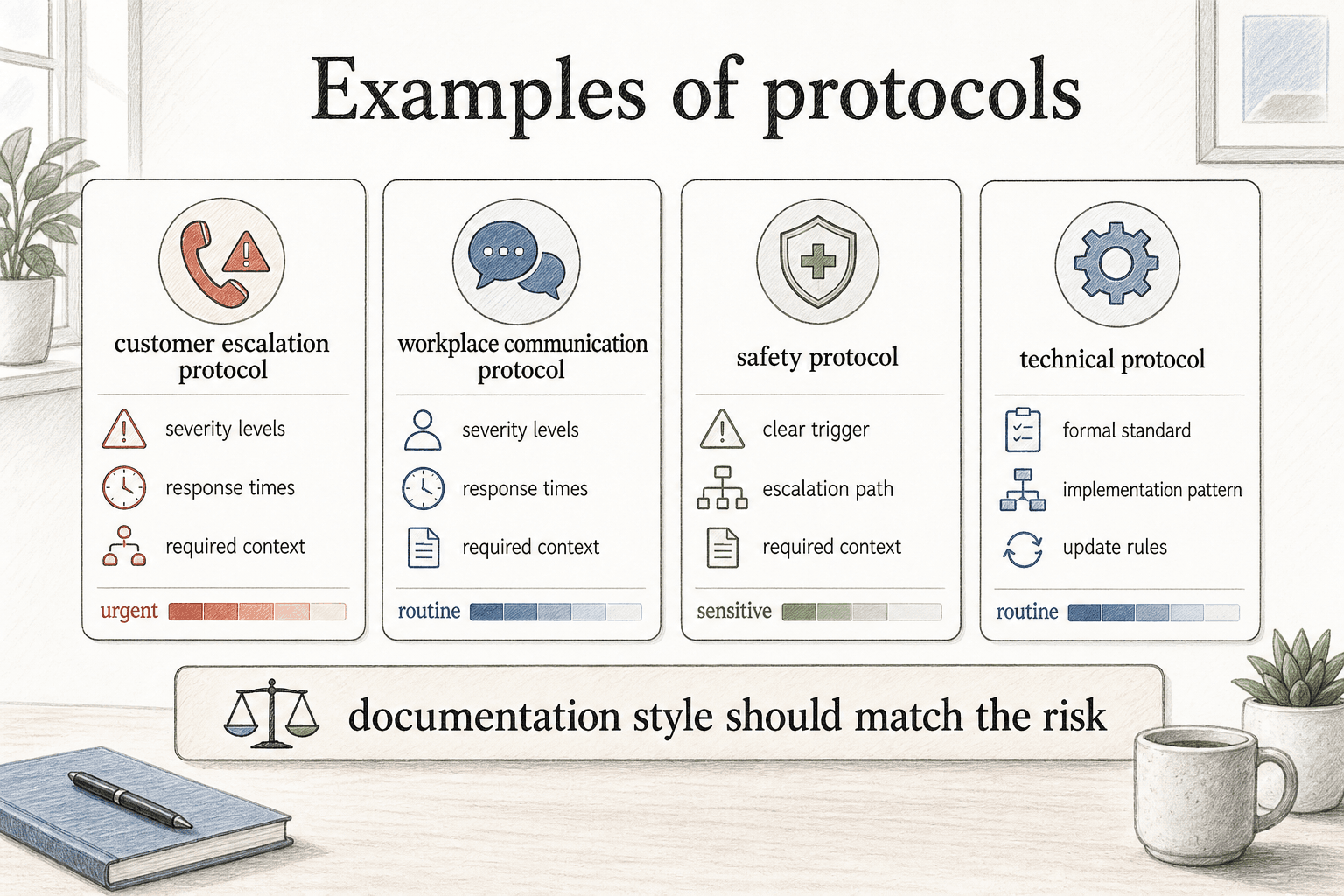 Protocols can be lightweight for team communication or more controlled for safety, security, clinical, compliance, and technical work