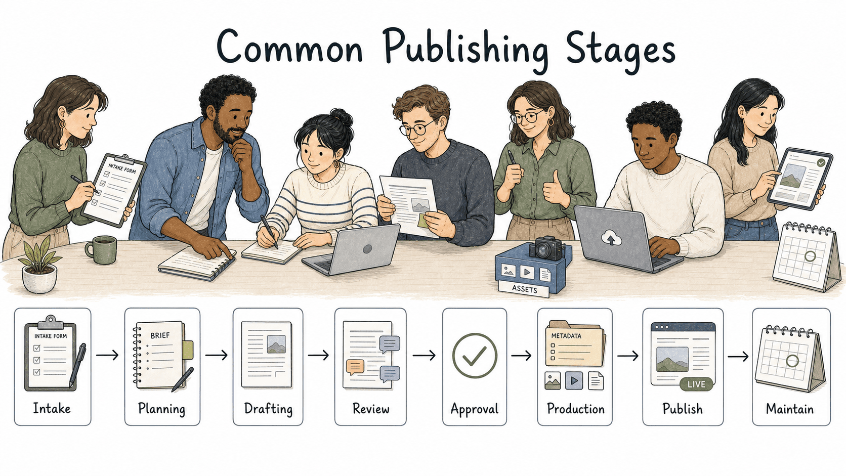 Publishing workflows move through intake, planning, drafting, review, approval, production, publishing, and maintenance.