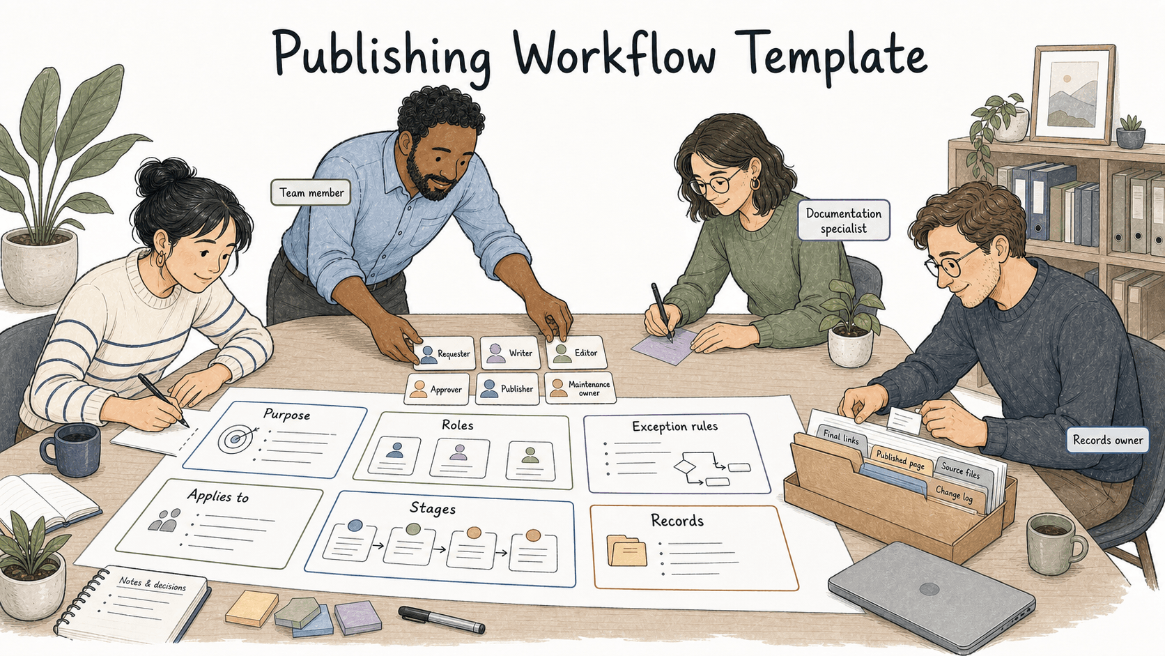 A useful publishing workflow documents purpose, scope, roles, stages, exceptions, and records.