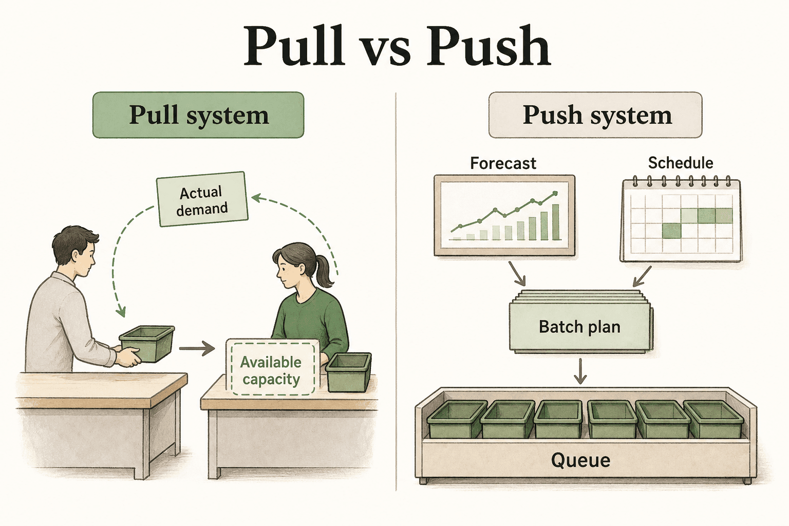 Pull systems release work when the next step is ready; push systems release work because a schedule says to start.