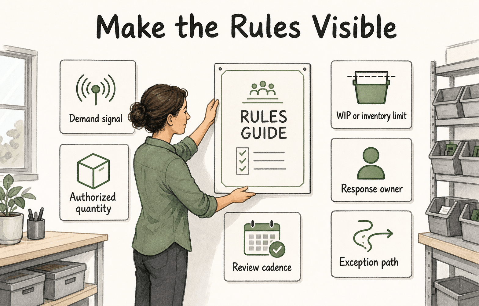 Pull-system rules identify the signal, quantity, limit, owner, exception path, and review cadence.