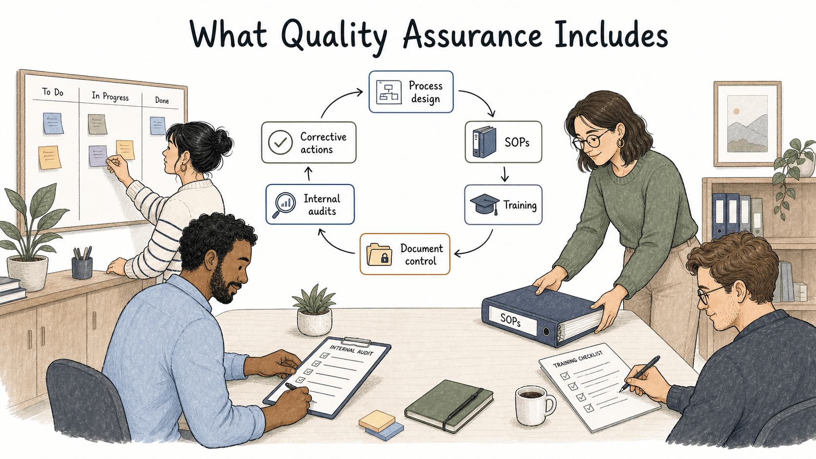 Quality assurance is a repeatable operating loop of process design, procedures, training, controls, audits, and corrective action.