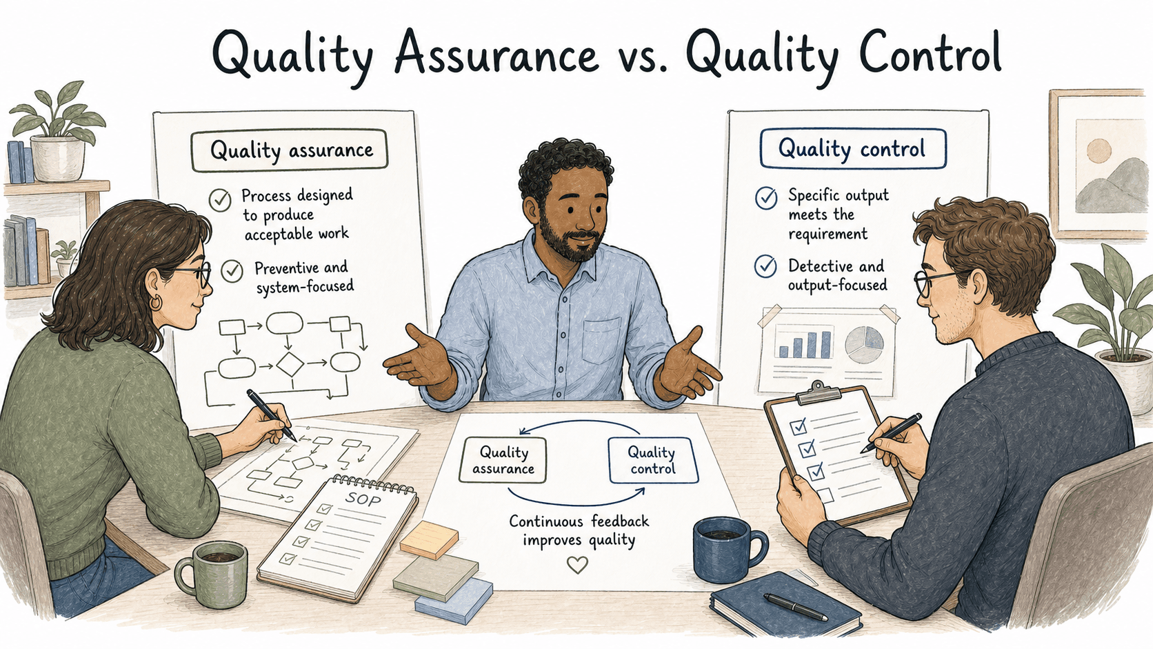 QA designs the process while QC checks a specific output.