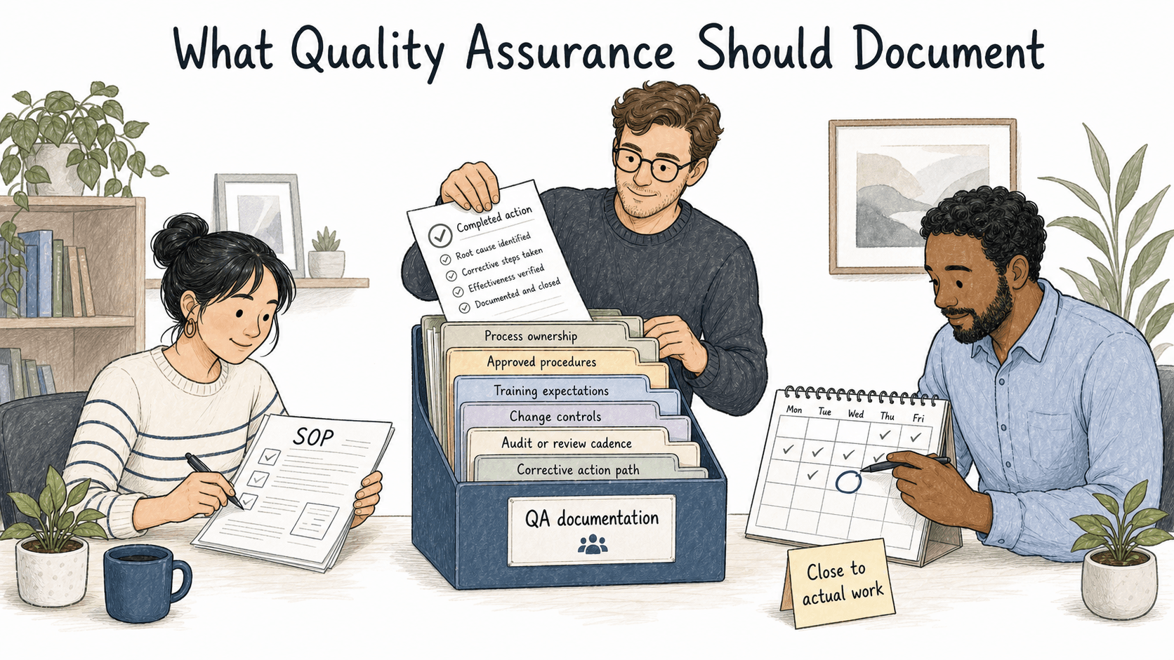 Quality documentation keeps ownership, procedures, training, change control, review, and corrective action close to real work.