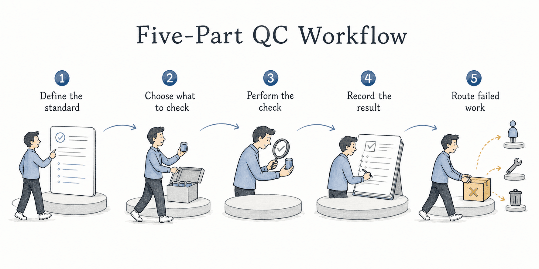 A practical quality control workflow progresses from a standard to a documented decision.