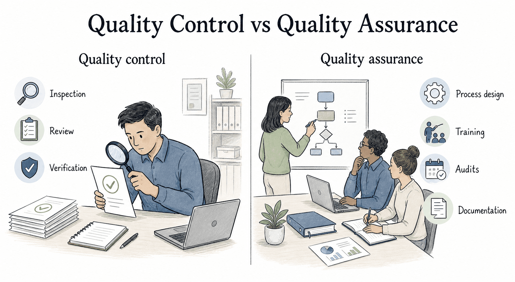 Quality control checks outputs while quality assurance improves the process that produces them.