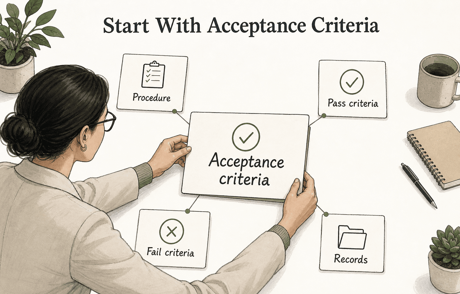 Acceptance criteria connect the procedure, pass or fail rules, and records.